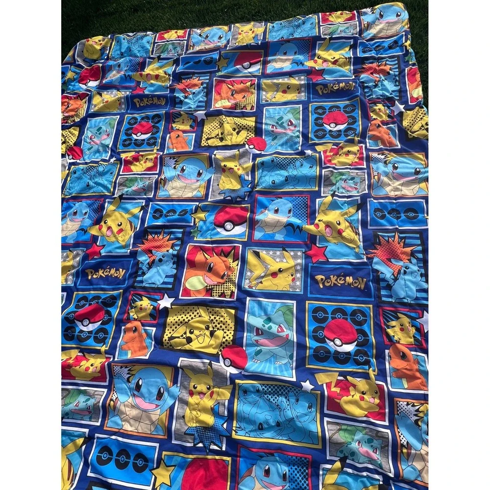 Pokemon Reversible Comforter Pikachu Squirtle Bulbasaur Blue‎ Quilted 72x81